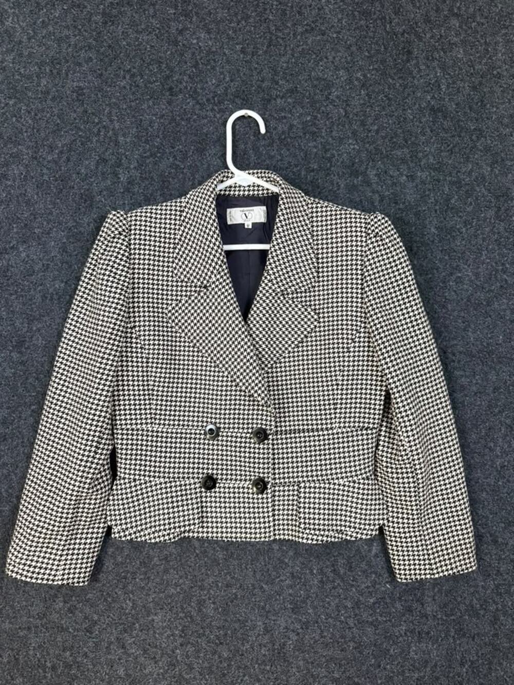 Valentino Miss V Houndstooth Wool Skirt Suit Blazer 8 Skirt 10 Made in Italy